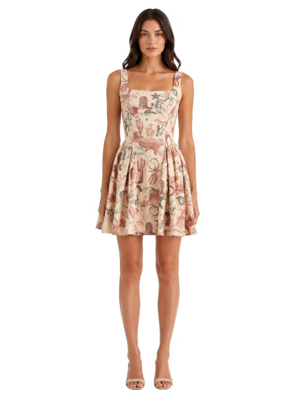 Blu Pepper Western Cowboy Toile Print Fit Flare Mini Dress Smocked Back S